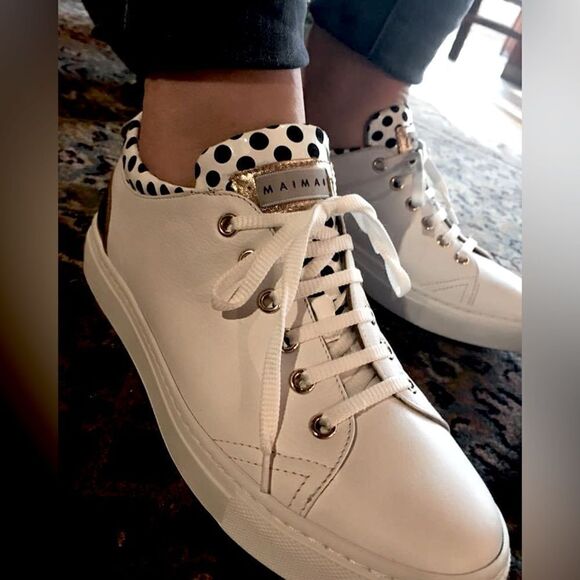 Maimai Made in Italy White Leather Sneakers Polka Dots Gold - Picture 2 of 16